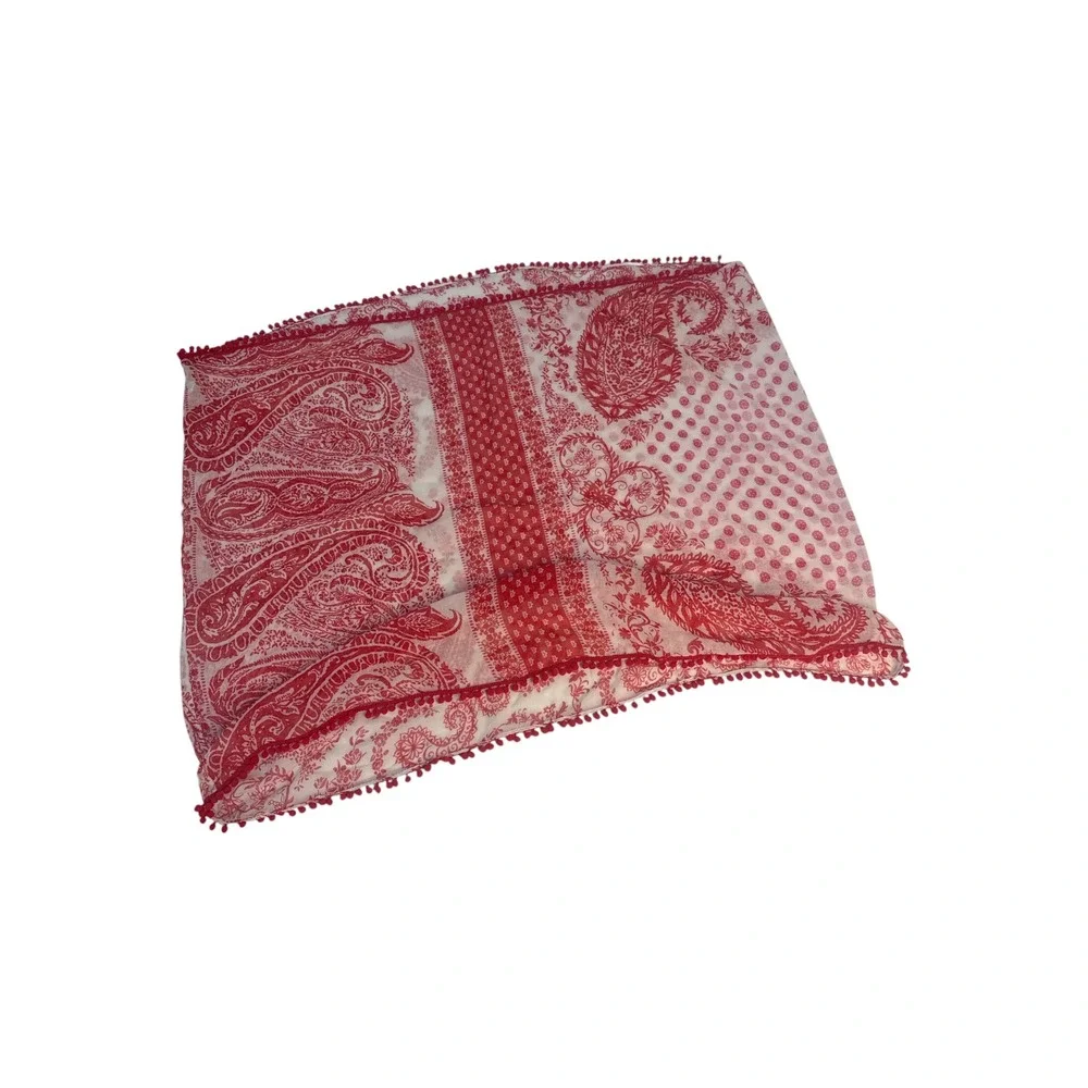 Studio S Red White Paisley Pom Pom Infinity Scarf Boho Resort Garden Party‎ OS